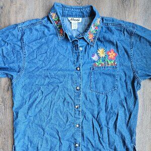 Effeci Floral Embroidered Denim Shirt Women’s Large Cotton Boho Cottagecore L